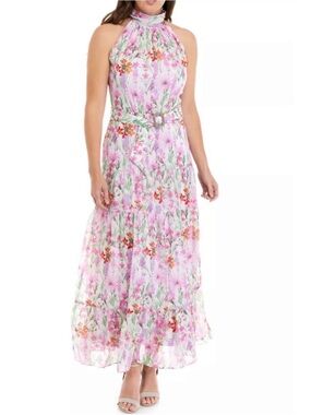 Taylor Floral Print Halter Mock Neck Sleeveless Belted Maxi Dress Sz 6